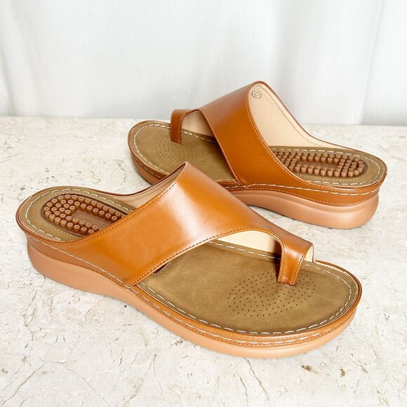 NEW Tan Sandals ASIAN 43 US 10 Brown Slip On Sandals Toe Ring COMFORTABLE - Picture 6 of 11